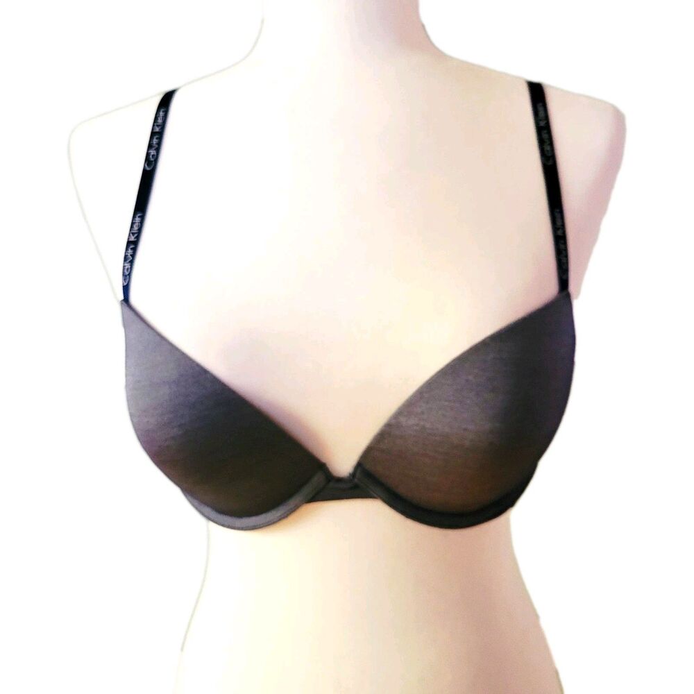 Klein Invisibles 36B Gray Black Underwire Padded Logo Strap Bra